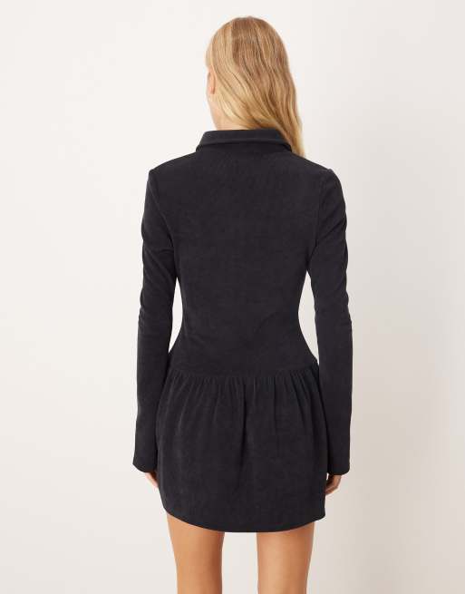 ASOS DESIGN button through drop waist mini dress in cord in navy, 4 of 4
