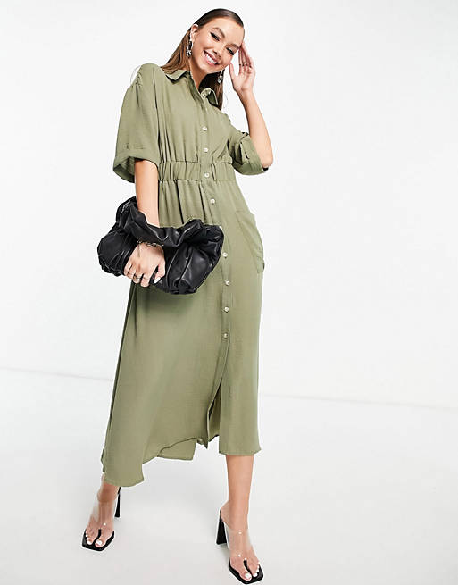 Dresses button through elasticated waist midi shirt dress in khaki 