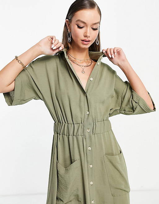 Dresses button through elasticated waist midi shirt dress in khaki 