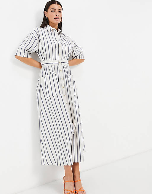 ASOS DESIGN button through elasticated waist midi shirt dress in stripe