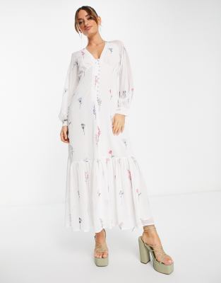 ASOS DESIGN button through embroidered maxi tea dress in white | ASOS