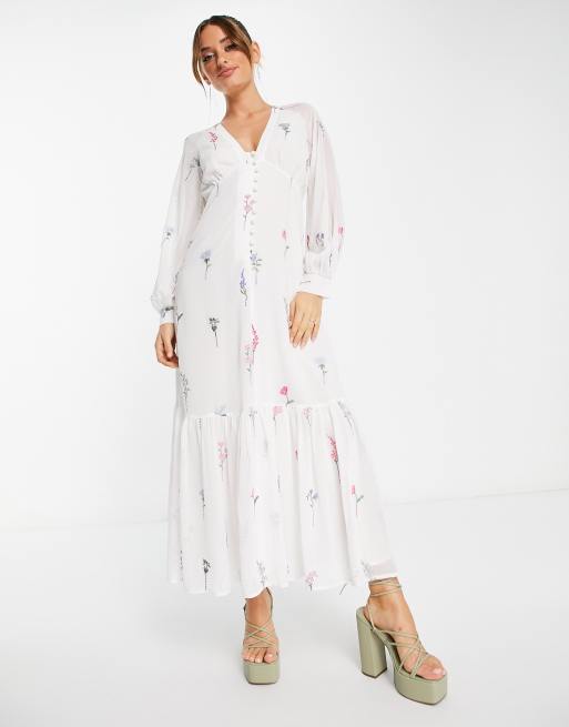 ASOS DESIGN button through embroidered maxi tea dress in white