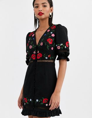 ASOS DESIGN button through embroidered mini dress-Black