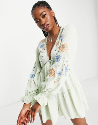 ASOS DESIGN button through embroidered playsuit in mint green  - ASOS Price Checker