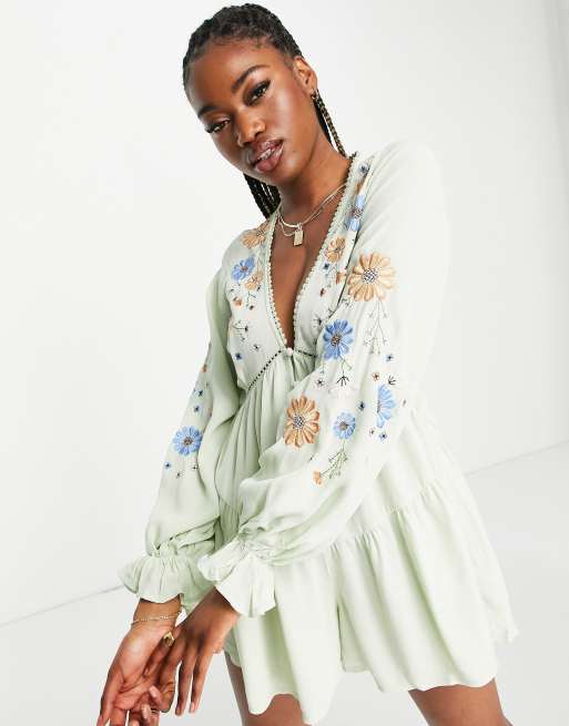 ASOS DESIGN button through embroidered romper in mint green 