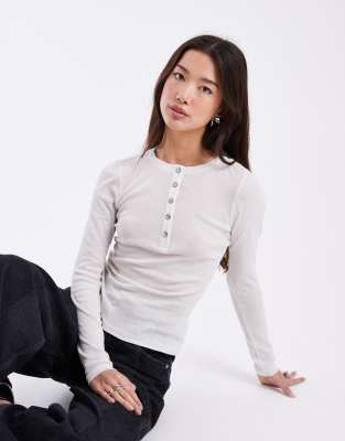 ASOS DESIGN button through fitted top in cream-White