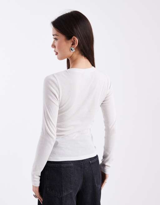 ASOS DESIGN button through fitted top in cream, 3 of 4