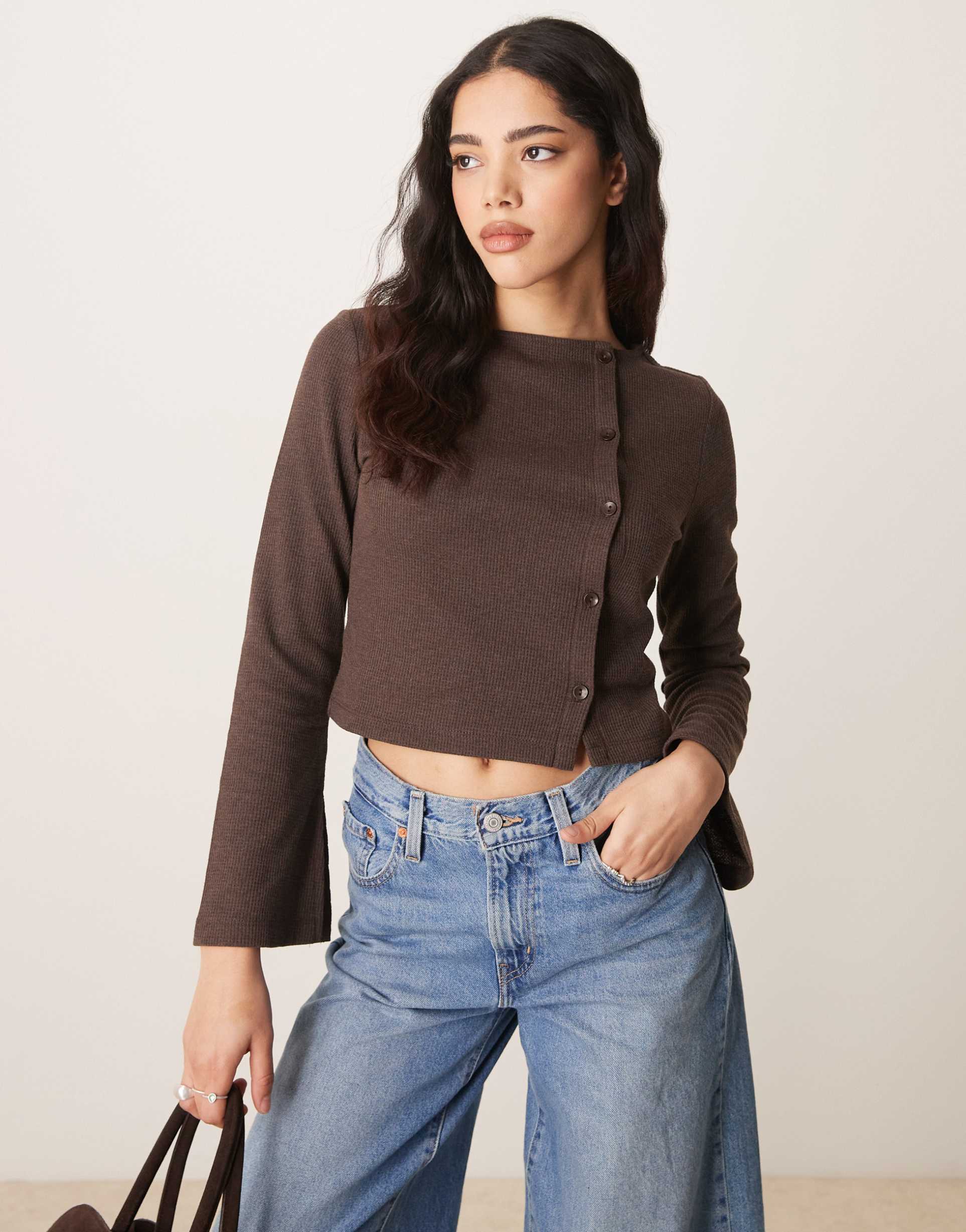 asos design button through flare sleeve waffle top in brown
