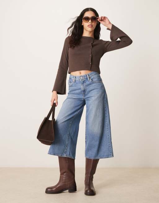 ASOS DESIGN button through flare sleeve waffle top in brown