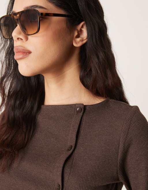 ASOS DESIGN button through flare sleeve waffle top in brown