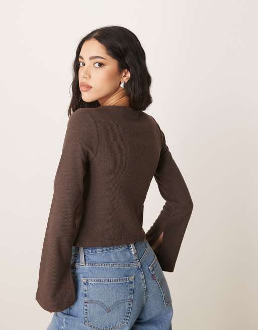 ASOS DESIGN button through flare sleeve waffle top in brown