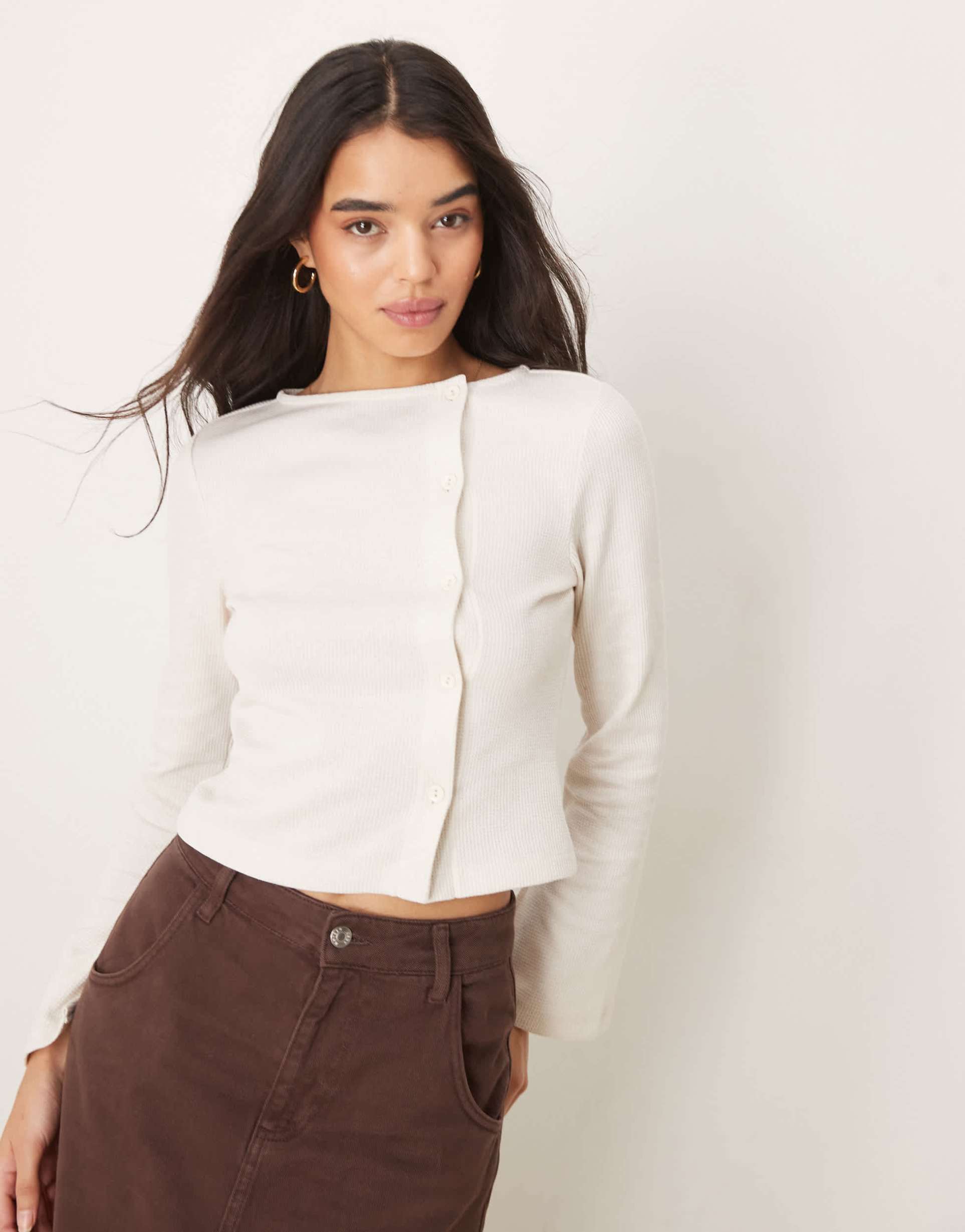 asos design button through flare sleeve waffle top in cream