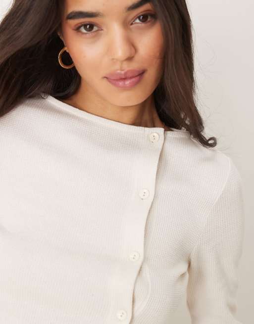 ASOS DESIGN button through flare sleeve waffle top in cream