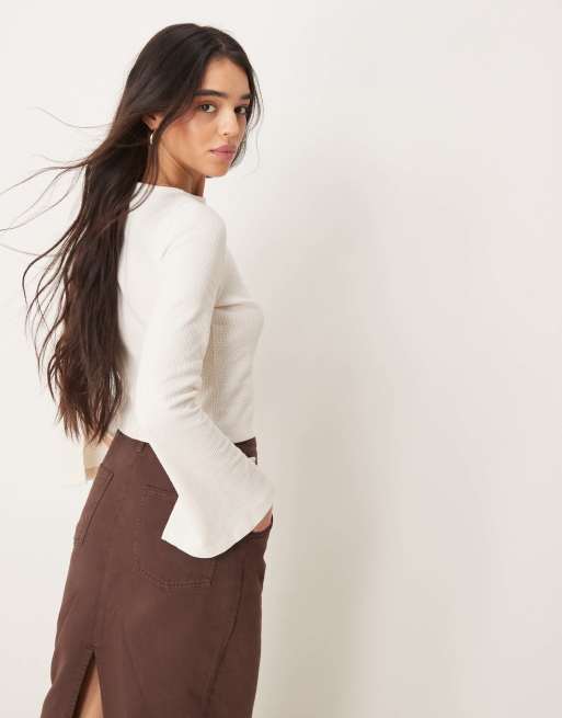 ASOS DESIGN button through flare sleeve waffle top in cream