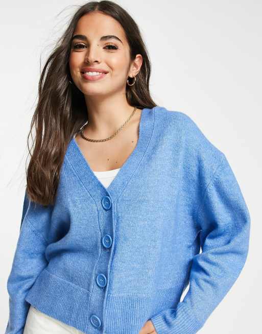 ASOS DESIGN button through fluffy boxy cardi in blue | ASOS