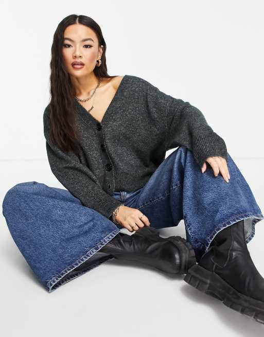 ASOS DESIGN button through fluffy boxy cardi in dark gray