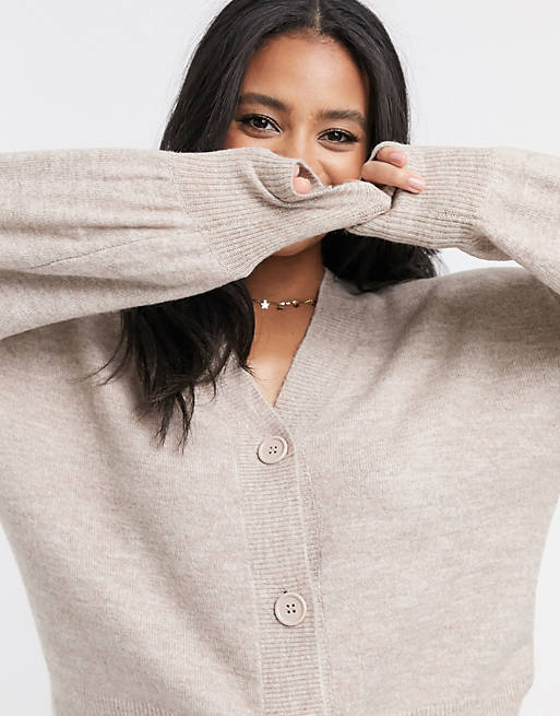 Women button through fluffy boxy cardi in taupe 