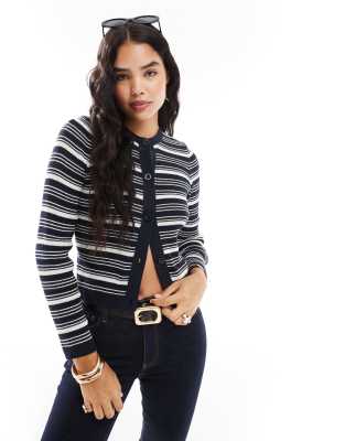 Asos Design Button Through Half Sleeve Cardigan In Navy Stripe