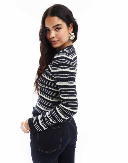 ASOS DESIGN button through half sleeve cardigan in navy stripe, 4 of 4