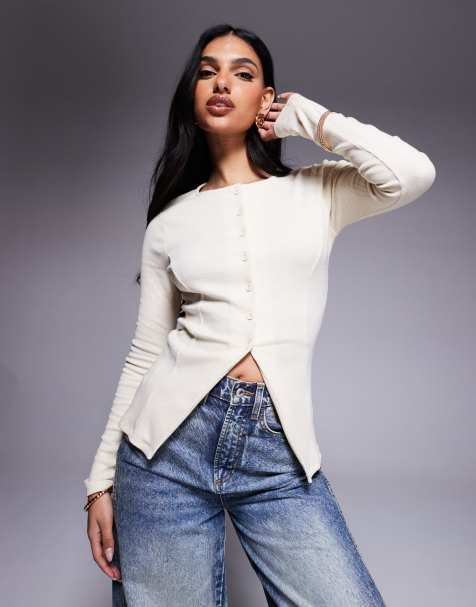 ASOS DESIGN button through interlock cardi in cream - view 1