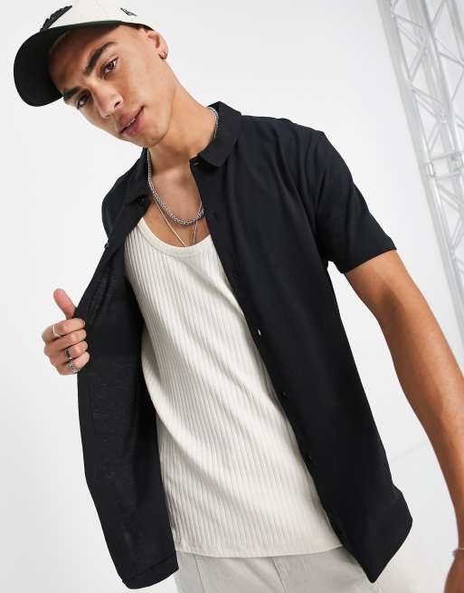 ASOS DESIGN button through jersey shirt in black | ASOS