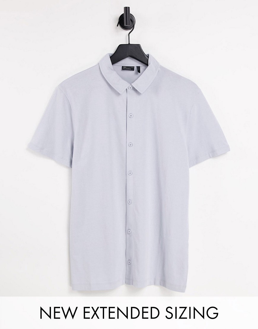 ASOS DESIGN button through jersey shirt in gray blue-Blues