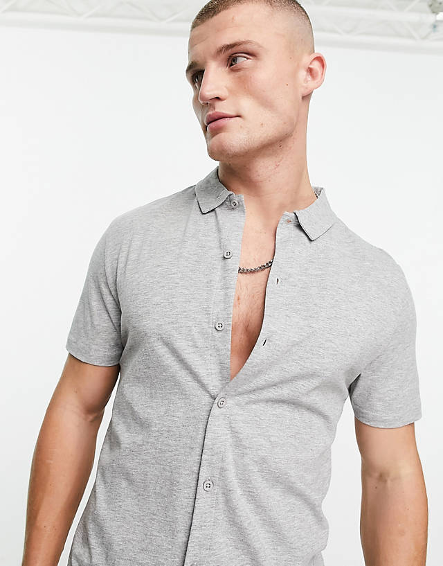 ASOS DESIGN - button through jersey shirt in grey marl