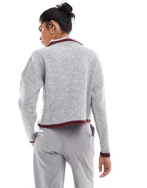 ASOS DESIGN button through knitted polo with contrast tipping in grey, 2 of 4