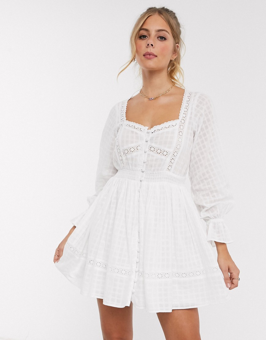ASOS DESIGN button through lace insert mini dress with elasticated waist in white