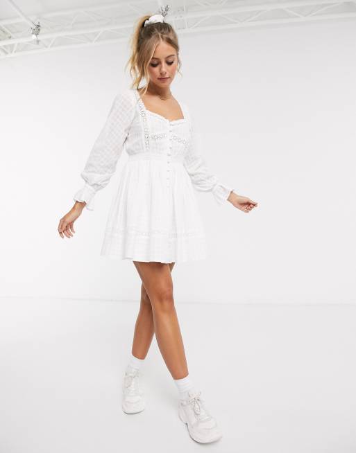 ASOS DESIGN button through lace insert mini dress with elasticated waist in white