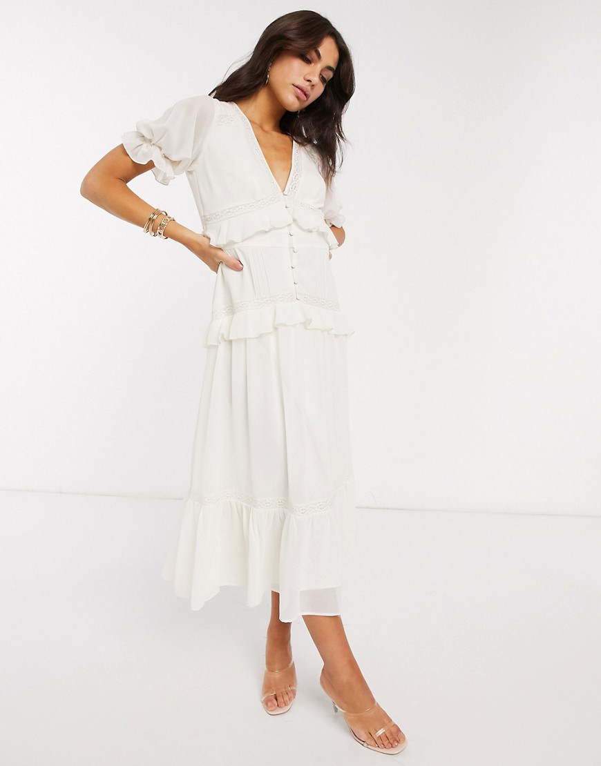 Product photo of Asos design button through lace insert tiered midi dress in ivory - white