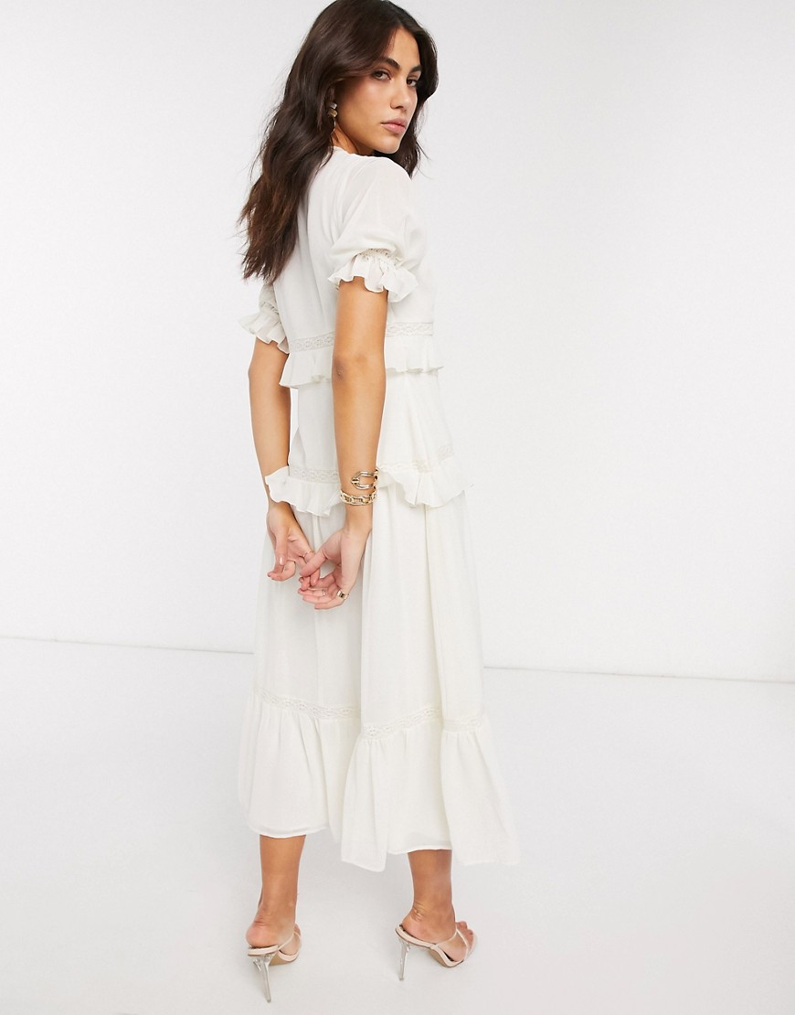 Alternative product photo of Asos design button through lace insert tiered midi dress in ivory - white