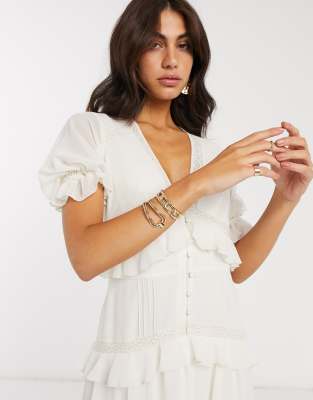 asos design button through tiered midi broderie dress