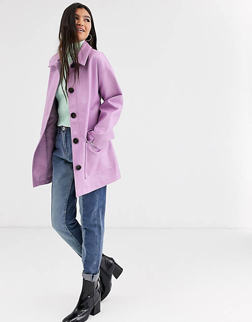 ASOS DESIGN button through leather look belted jacket in lilac