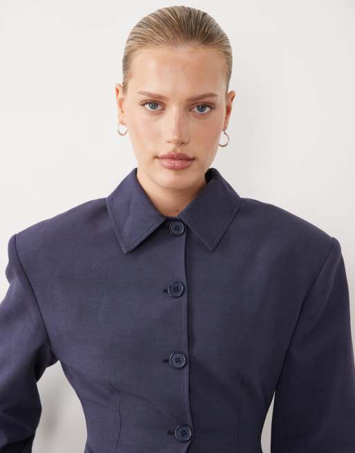 ASOS DESIGN button through linen look cinch blazer in graphite, 3 of 4