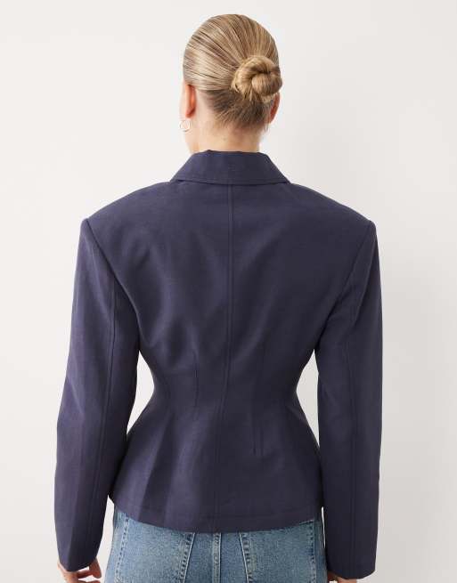ASOS DESIGN button through linen look cinch blazer in graphite, 4 of 4