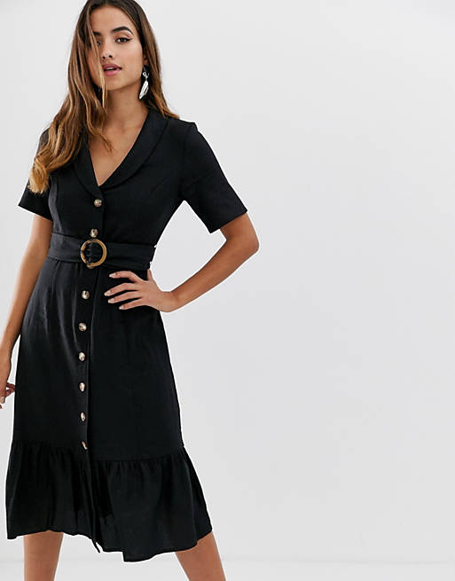 ASOS DESIGN button through linen midi dress with pephem and belt | ASOS