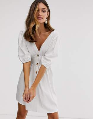 white linen button through dress