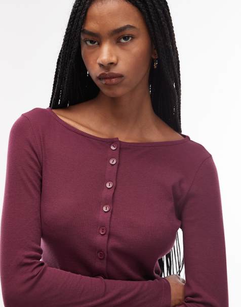 ASOS DESIGN button through long sleeve second skin top in fig - view 1