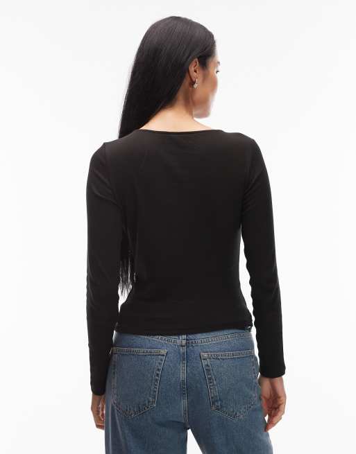 ASOS DESIGN button through long sleeve top in black, 2 of 4
