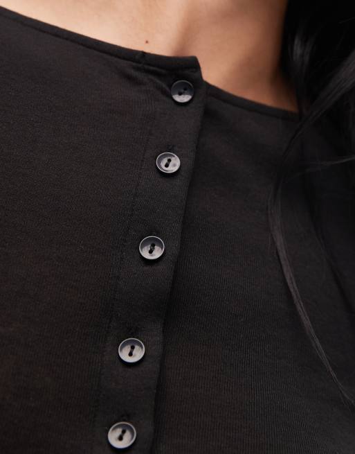 ASOS DESIGN button through long sleeve top in black, 3 of 4