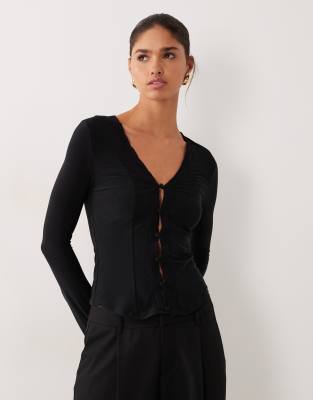 Asos Design Button Through Long Sleeve Top With Lace Trim Detail In Black