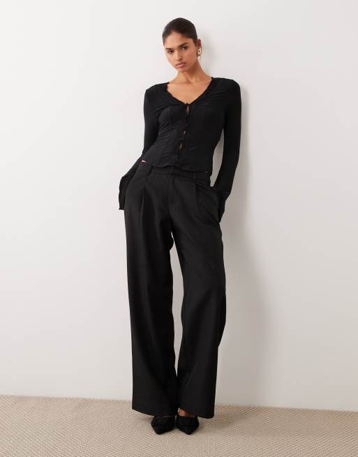 ASOS DESIGN button through long sleeve top with lace trim detail in black, 2 of 4