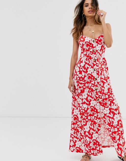 ASOS DESIGN button through maxi dress in red floral print | ASOS