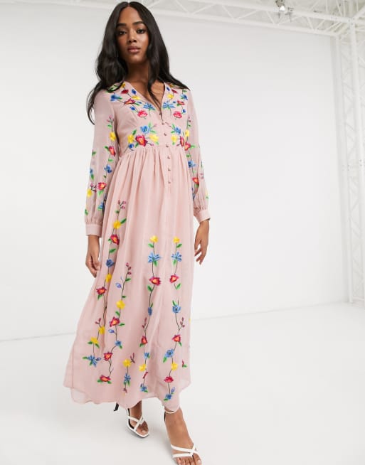 ASOS Salon Embroidered Floral Maxi Dress in Pink