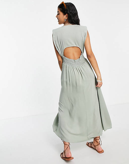 Dresses button through maxi dress with shirred waist in khaki 