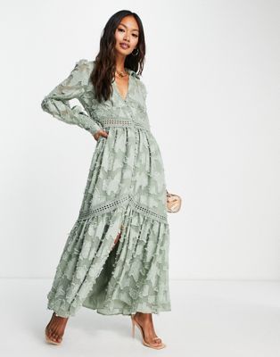 ASOS DESIGN button through maxi shirt dress with lace inserts in ...