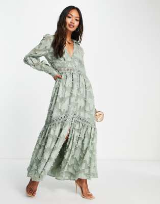 ASOS DESIGN button through maxi shirt dress with lace inserts in burnout in khaki