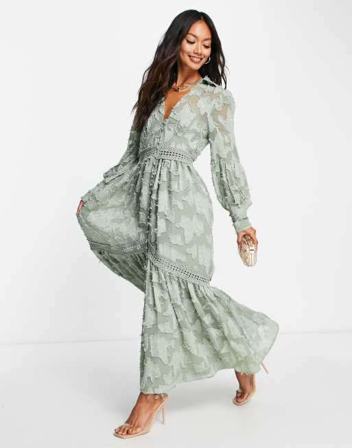 ASOS DESIGN button through maxi shirt dress with lace inserts in burnout in  khaki