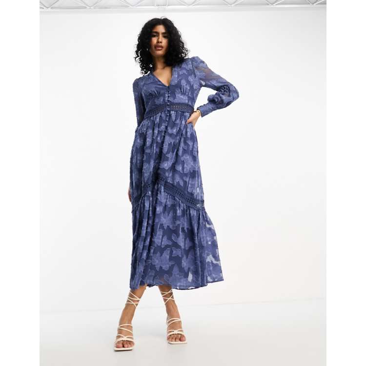 ASOS DESIGN button through maxi shirt dress with lace inserts in washed navy ASOS